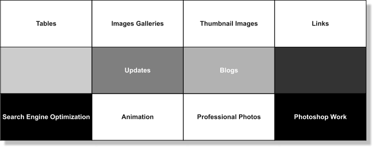 Tables  Images Galleries Thumbnail Images Links  Updates Blogs  Search Engine Optimization Animation Professional Photos Photoshop Work